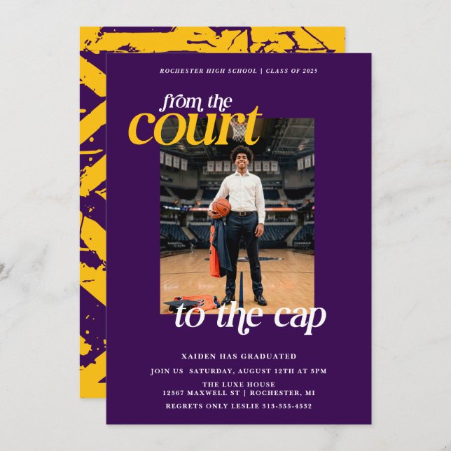 Convite Graduação de atleta púrpura e amarela (Frente/Verso)