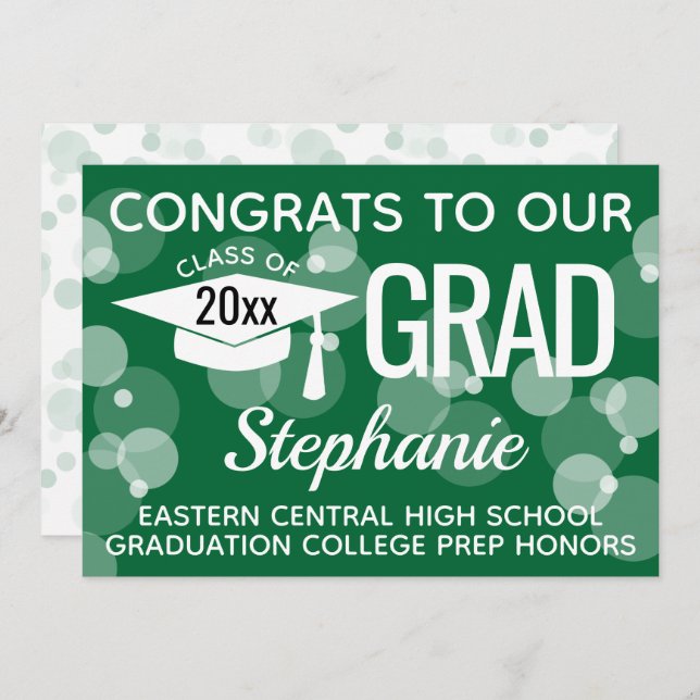 Convite Graduação de Bolhas de Confetti Moderno Verde (Frente/Verso)