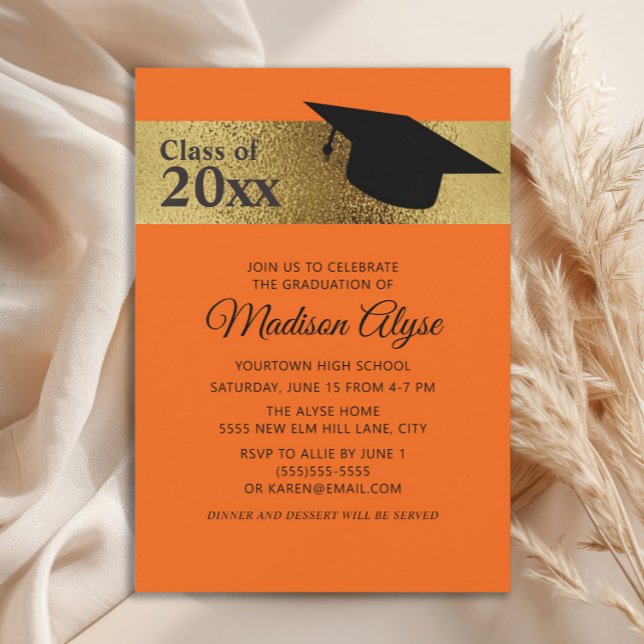 Convite Graduação de Boné Preto Dourado Laranja Personaliz (Orange and gold graduation cap party invitation)