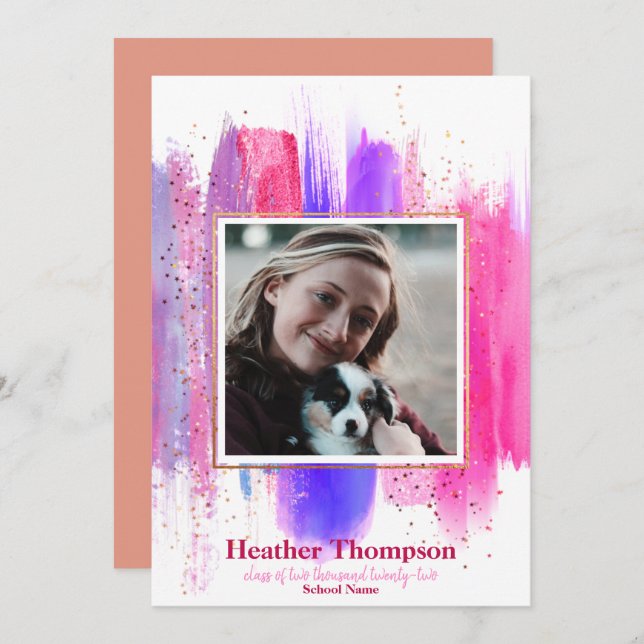 Convite Graduação de brilho pintado cor-de-rosa e roxo (Frente/Verso)