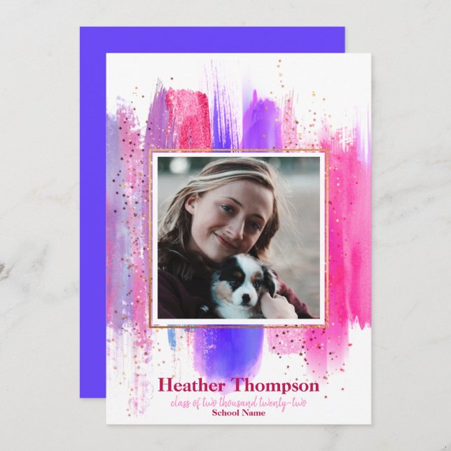 Convite Graduação de brilho pintado cor-de-rosa e roxo (Frente/Verso)