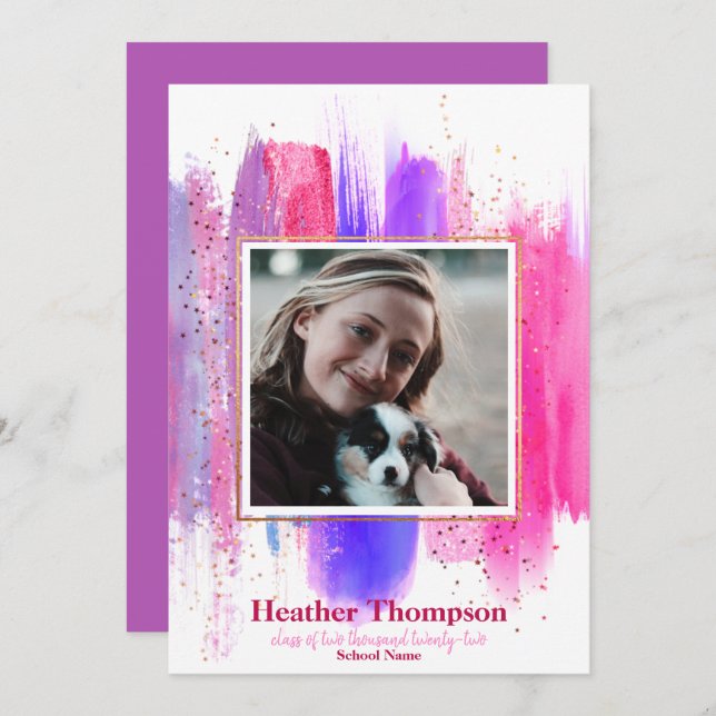 Convite Graduação de brilho pintado cor-de-rosa e roxo (Frente/Verso)