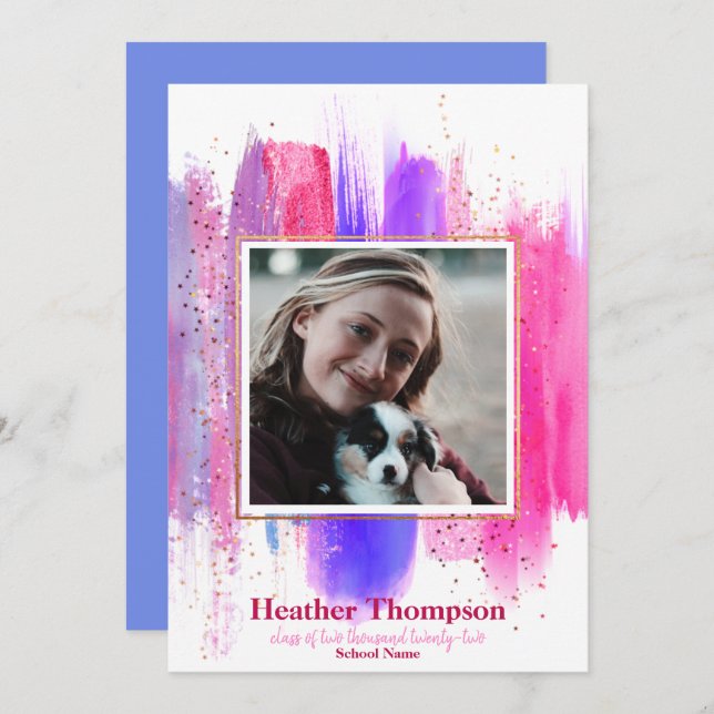 Convite Graduação de brilho pintado cor-de-rosa e roxo (Frente/Verso)