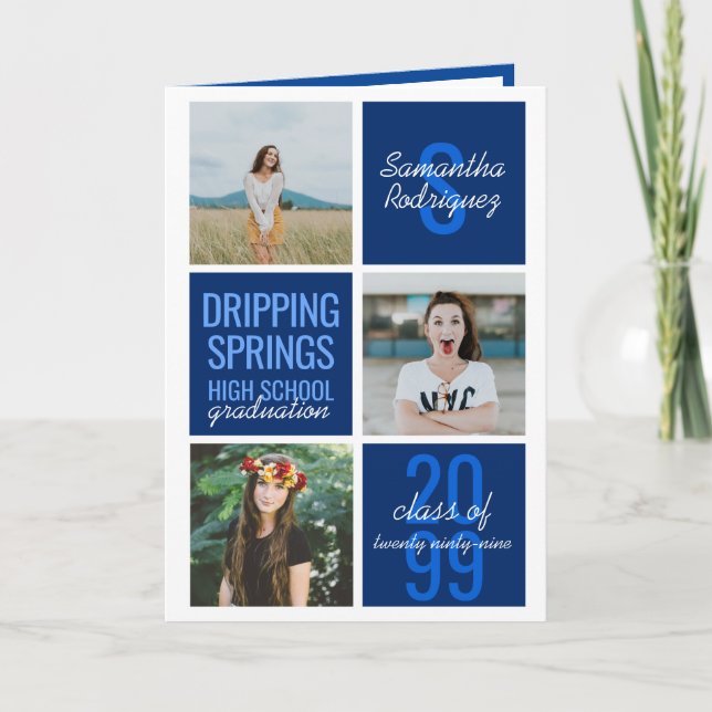 Convite Graduação de caixas divertidas azuis com 4 fotos (Frente)