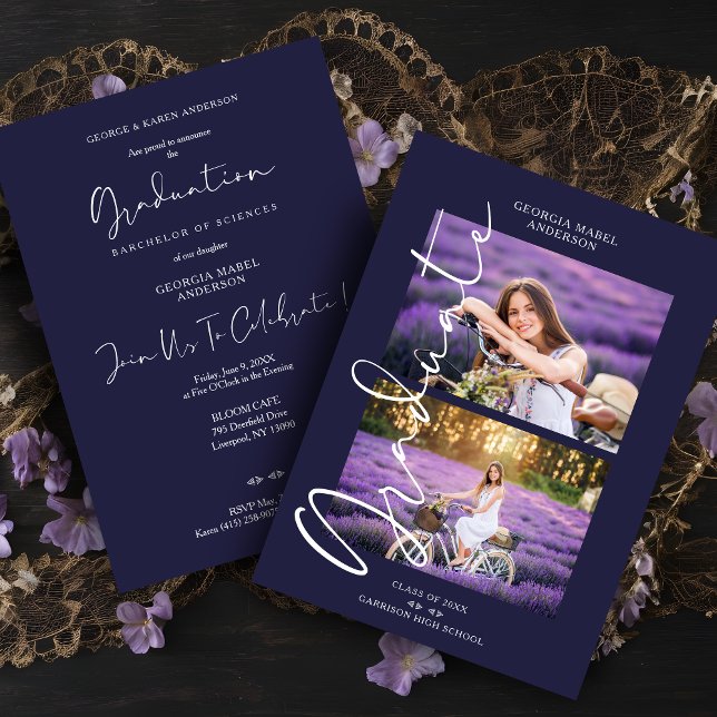 Convite Graduação de Caligrafia Purple 2 Photos Exquisite (Purple 2 Photos Modern Exquisite Calligraphy Graduation Invitation Card with Envelope.)