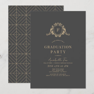 Convite Graduação de Cinzas Escuras do Monograma Dourado