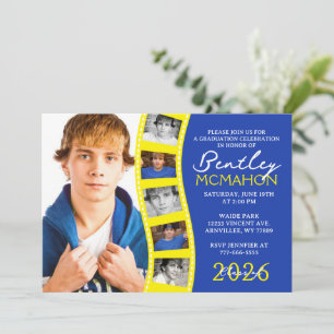 Convite Graduação de Colagem de Fotos Azul e Amarelo