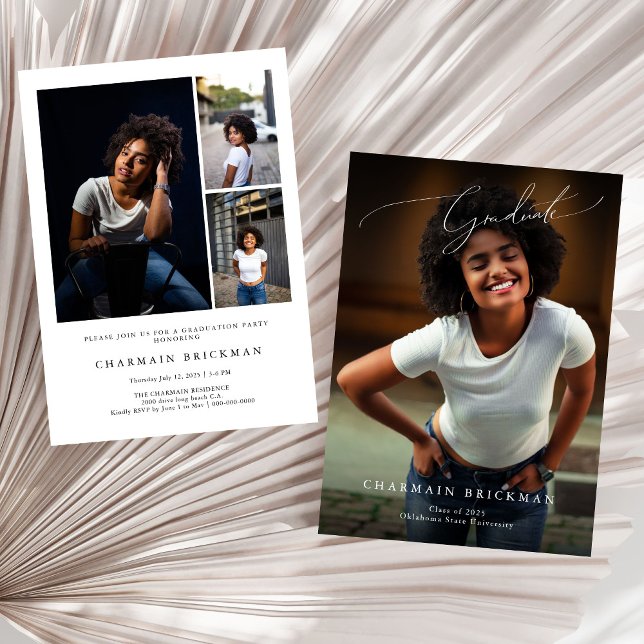 Convite Graduação de Colagem de Fotos de Script Preto e Br (Criador carregado)