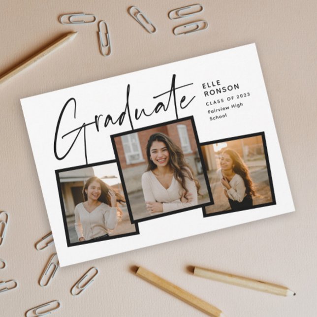 Convite Graduação de Colagem de Fotos do Formando de Scrip (Modern Script Graduate Black and White Photo Collage Graduation Invitation.)