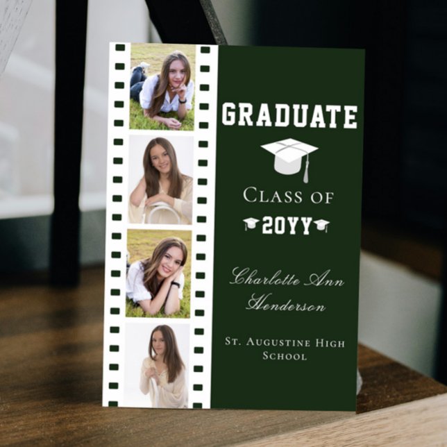 Convite Graduação de Colagem de Fotos em Filmstrip Quatro  (Green Filmstrip Four Photo Collage Graduation Announcement Invitation)