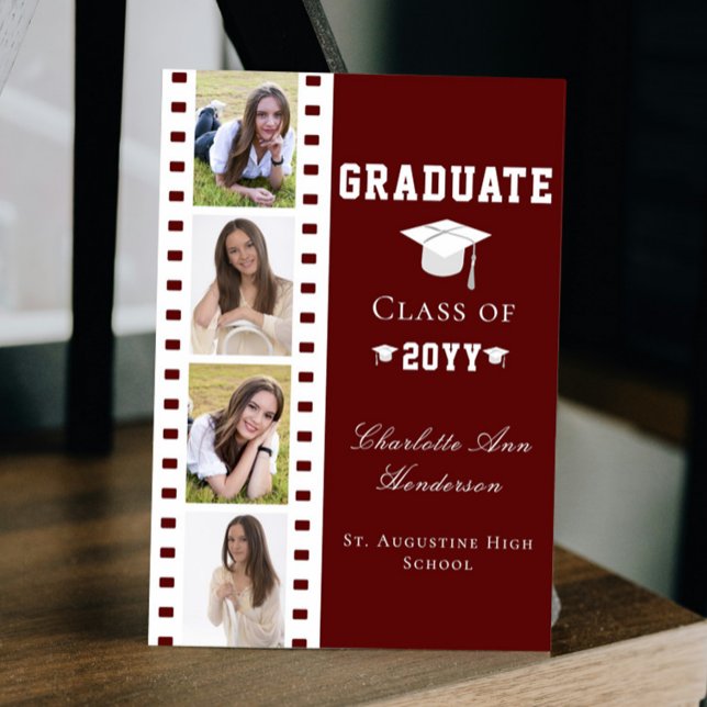 Convite Graduação de Colagem de Fotos em Filmstrip Quatro  (Red Filmstrip Four Photo Collage Graduation Announcement Invitation)