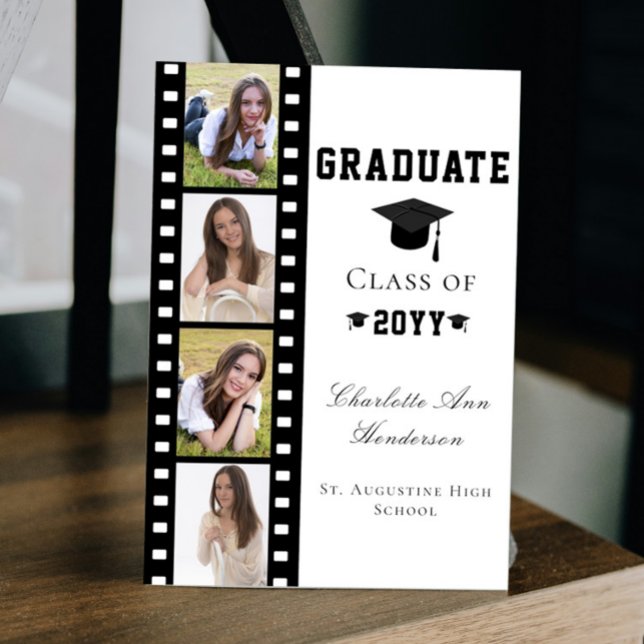 Convite Graduação de Colagem de Fotos em Filmstrip Quatro  (White Filmstrip Four Photo Collage Graduation Announcement Invitation)