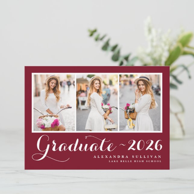 Convite Graduação de Colagem de Fotos em Script Vermelho T (Em pé/Frente)
