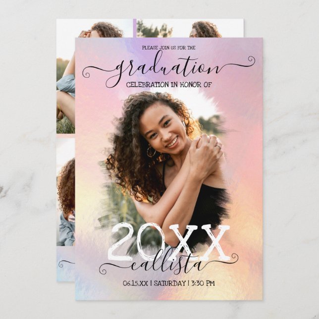 Convite Graduação de Colagem de Fotos Holográfica em Halo (Frente/Verso)