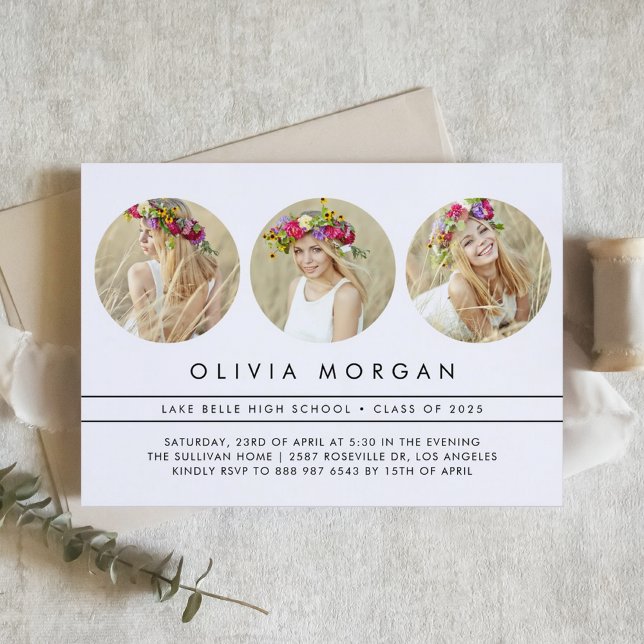 Convite Graduação de Colagem de Fotos Moderna Negra (Customizable three-photo collage graduation invitation. )