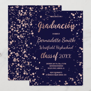 Convite graduação de confete ouro rosa marinho espanhol