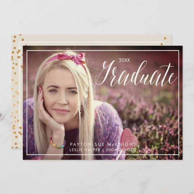 Convite Graduação de Confetti Dourada Faux Clássica PixDez (Frente/Verso)