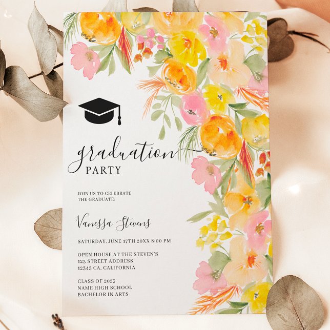 Convite Graduação de cor-de-água floral boêmia terracotta (Bohemian floral watercolor terracotta graduation invitation)
