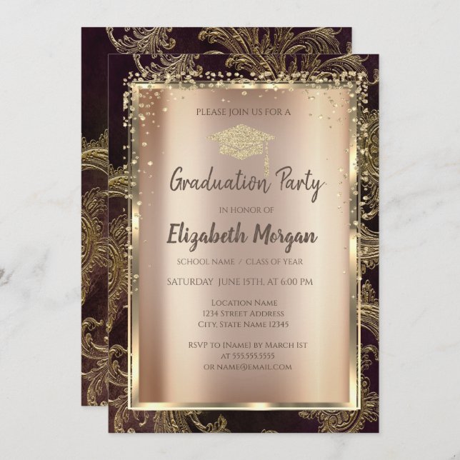 Convite Graduação de Damasco Floral de Ouros Dourados (Frente/Verso)