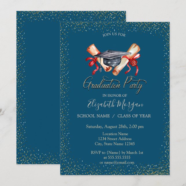 Convite Graduação de Diploma de boné de formatura (Frente/Verso)