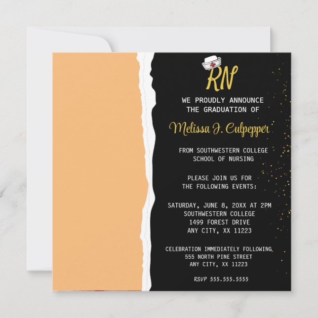 Convite Graduação de Enfermagem de Foto Preta Elegante (Frente)