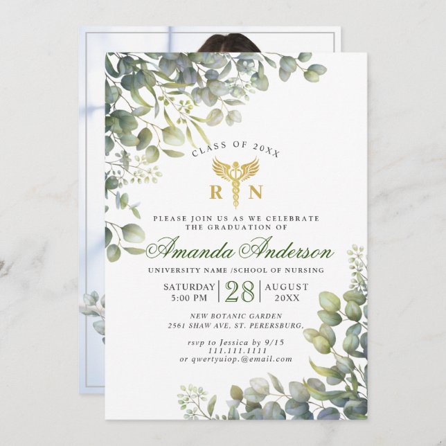 Convite Graduação de Enfermagem Eucalyptus PHOTO Watercolo (Frente/Verso)