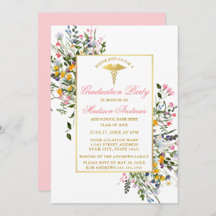 Convite Graduação de Enfermeira Dourada Rosa-Rosa