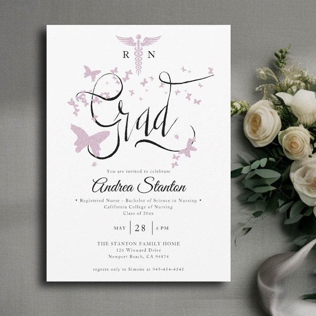 Convite Graduação de Enfermeiras Borboletas Rosa Formando  (nurse graduation party invitation pink butterflies caduceum grad calligraphy elegant classic modern)