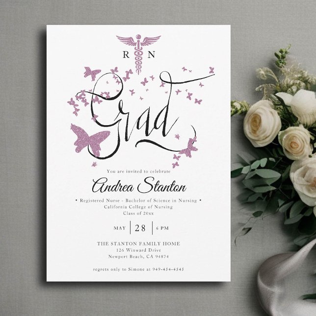 Convite Graduação de Enfermeiro Formando de Borboleta Roxa (nurse graduation party invitation purple butterflies caduceum grad calligraphy elegant classic chic)