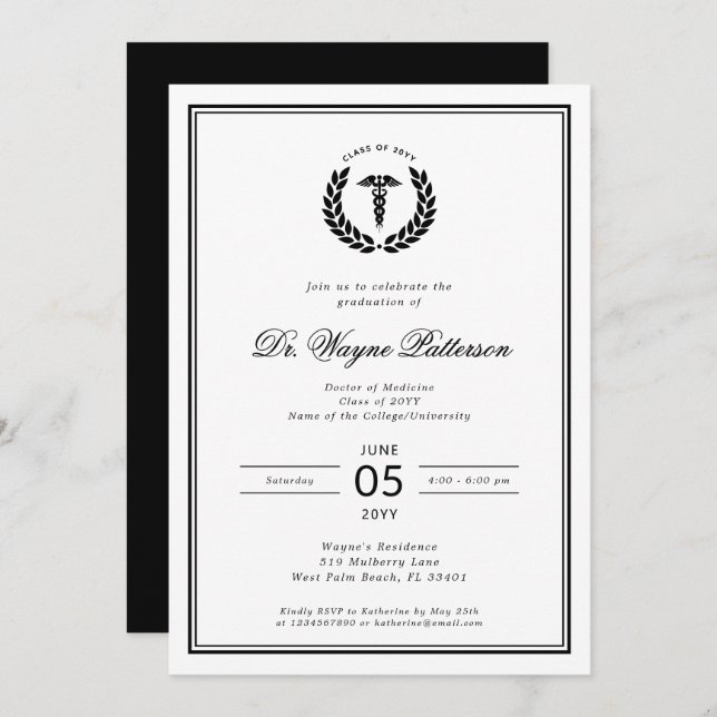 Convite Graduação de Faculdade de Medicina Elegante e Mini (Frente/Verso)
