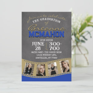 Convite Graduação de Fita de Chalkboard Azul e Dourada