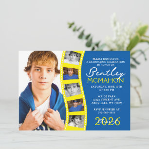 Convite Graduação de Fita de Foto Azul Médio e Amarelo
