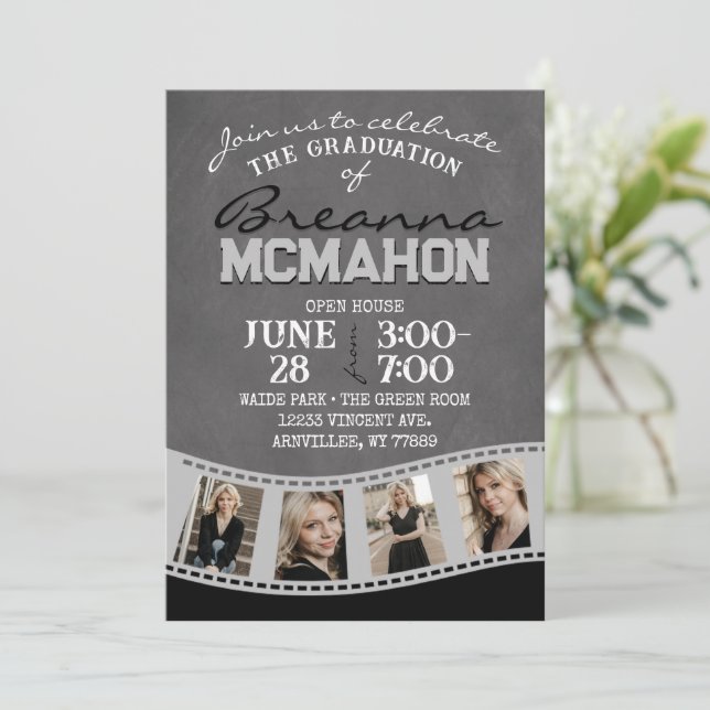 Convite Graduação de Fita de Foto em Quadros Pretos e cinz (Em pé/Frente)