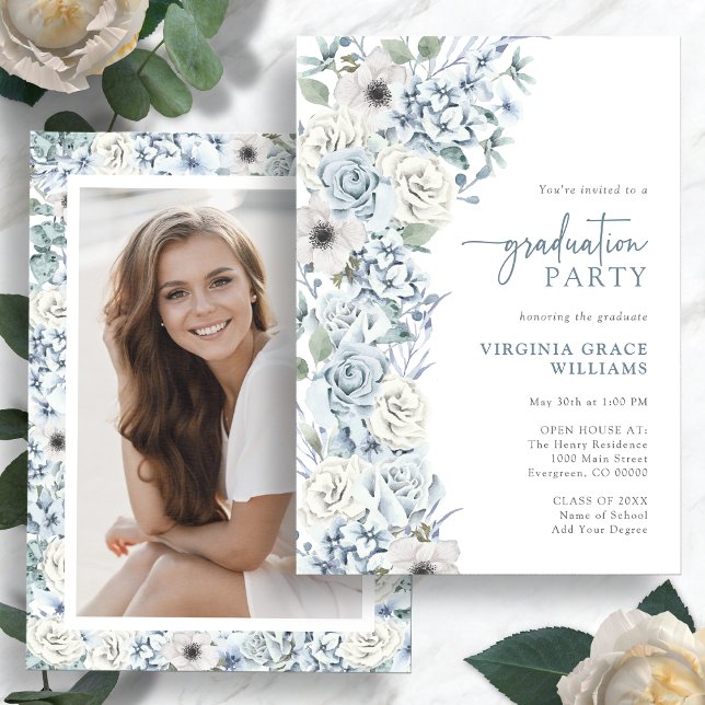 Convite Graduação de flor selvagem azul (Blue Watercolor Wildflower Photo Graduation Party Invitation by Painted Paperie
)