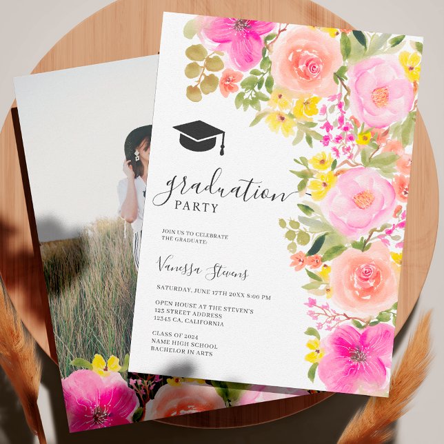 Convite Graduação de flores aquáticas boêmicas do jardim (Garden bohemian watercolor flowers graduation invitation)