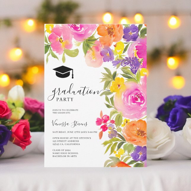 Convite Graduação de flores de aquarela de jardim vibrante (Boho vibrant garden watercolor flowers graduation invitation)