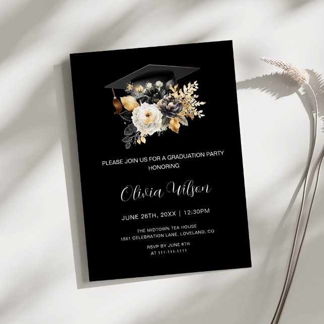 Convite Graduação de Flores Douradas e Branca Elegante (Elegant Black White and Gold Flowers Graduation Party Invitation)