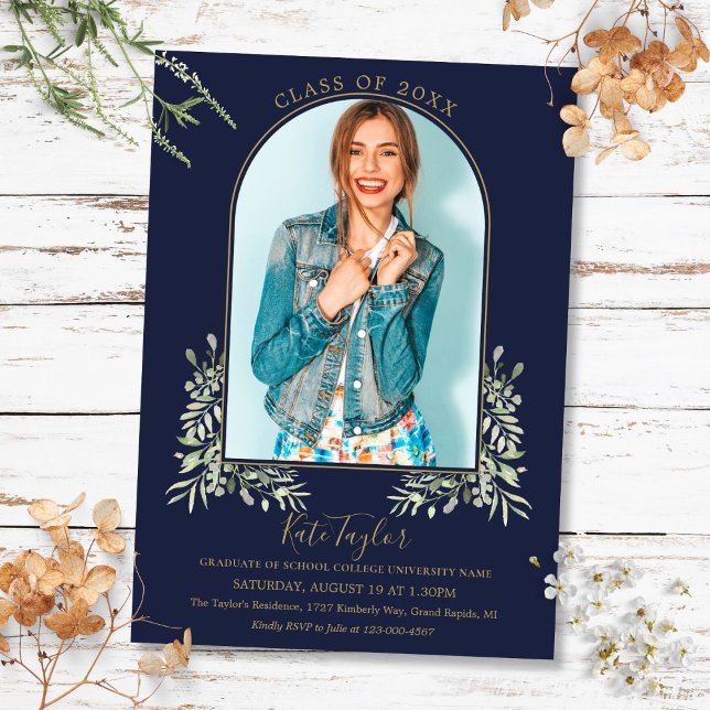 Convite Graduação de Folhagem Azul do Marinho de Foto em A (Gold Arch Photo Navy Blue Foliage Graduation Invitation)