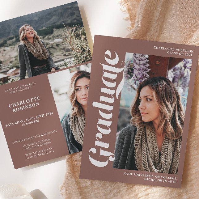 Convite Graduação de formando castanho 3 (Brown graduate script 3 photo graduation invitation)