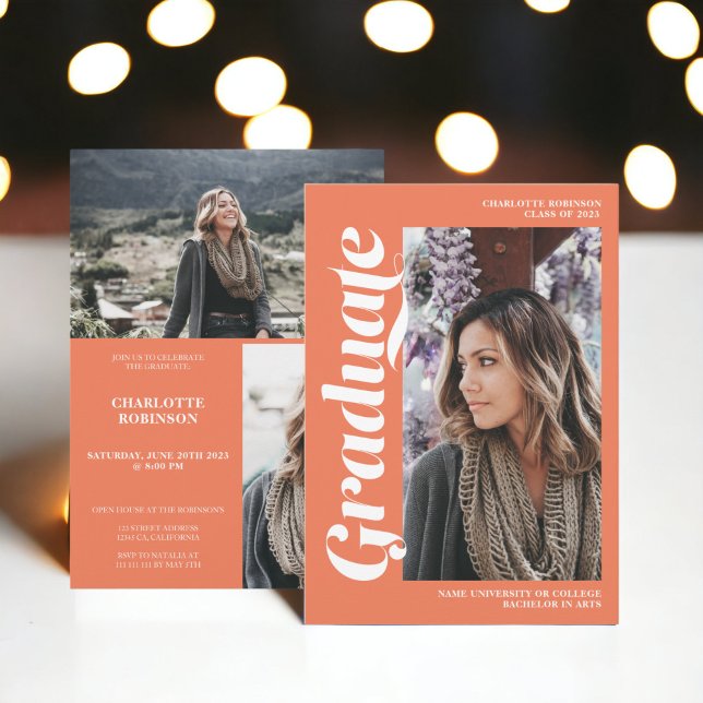 Convite Graduação de formando de cor laranja 3 (Coral orange graduate script 3 photo graduation invitation)