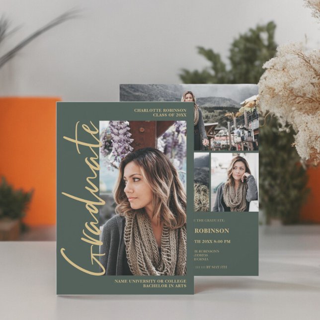 Convite Graduação de formando esmerald verde (Script green emerald graduate photo graduation Invitation)