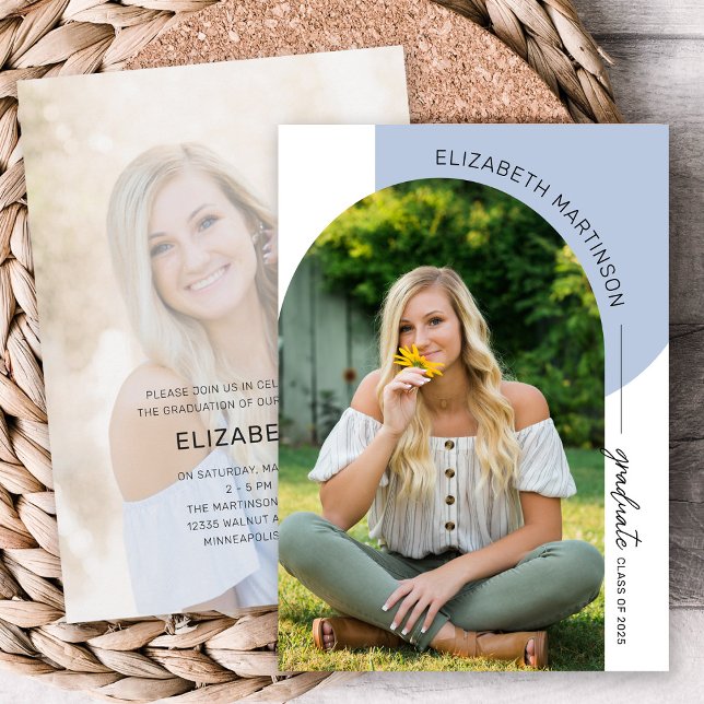 Convite Graduação de Foto Azul com Arco Mínimo Moderno 2 (Criador carregado)