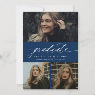 Convite Graduação de Foto Azul com Três Fotos