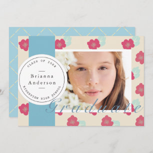 Convite Graduação de Foto Azul Floral e Fita de Fita