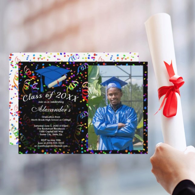 Convite Graduação de Foto Boné Azul Classe Confetti (Photo Graduation Blue Cap Confetti Class of Party Invitation)
