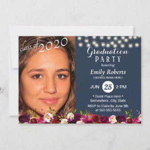 Convite Graduação de Foto Borgonha Vermelha Marinho Floral
