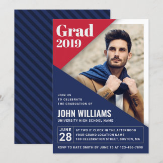 Convite Graduação de Foto Branca Azul Vermelho Moderno de 