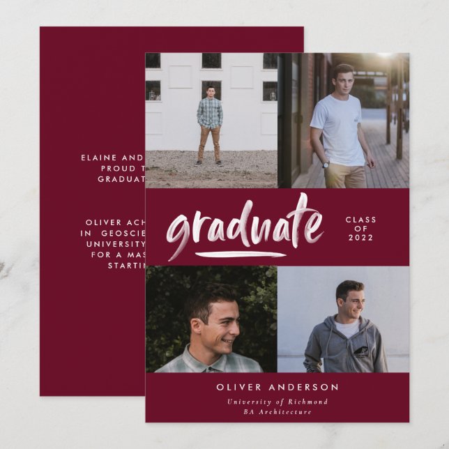 Convite Graduação de foto-burgundy com script verde modern (Frente/Verso)