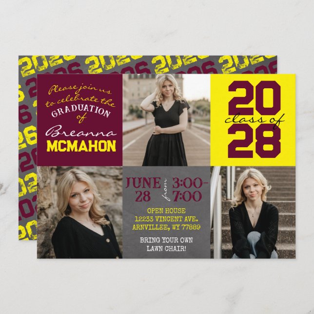 Convite Graduação de Foto Burgundy e Yellow Chalkboard 3 (Frente/Verso)
