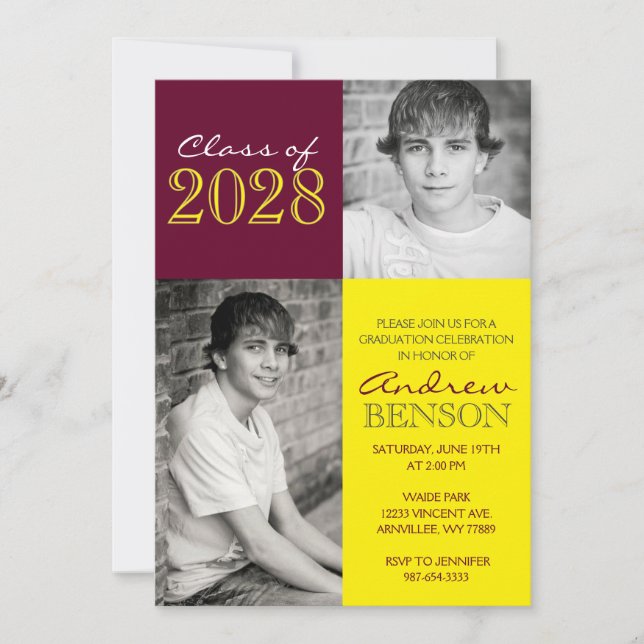 Convite Graduação de Foto Clássica 2 Amarelo e Borgonha (Frente)